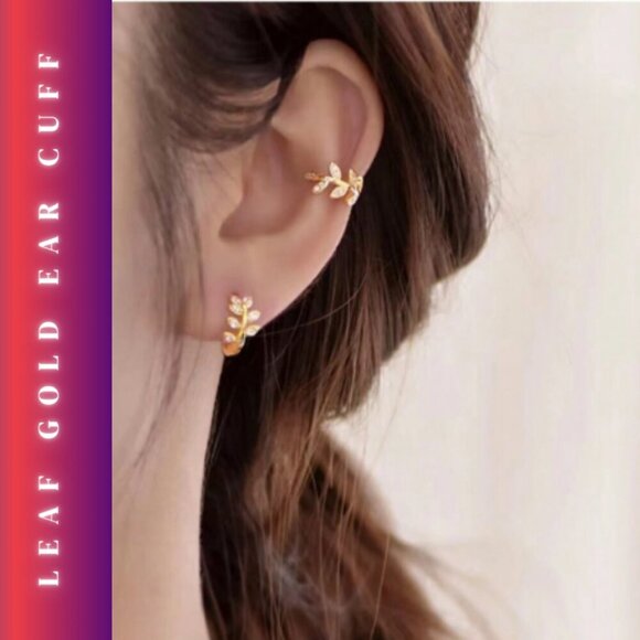 1 Leaf Ear Cuffs, golden, summer, casual, earrings, crystals, swimsuit - Picture 2 of 10